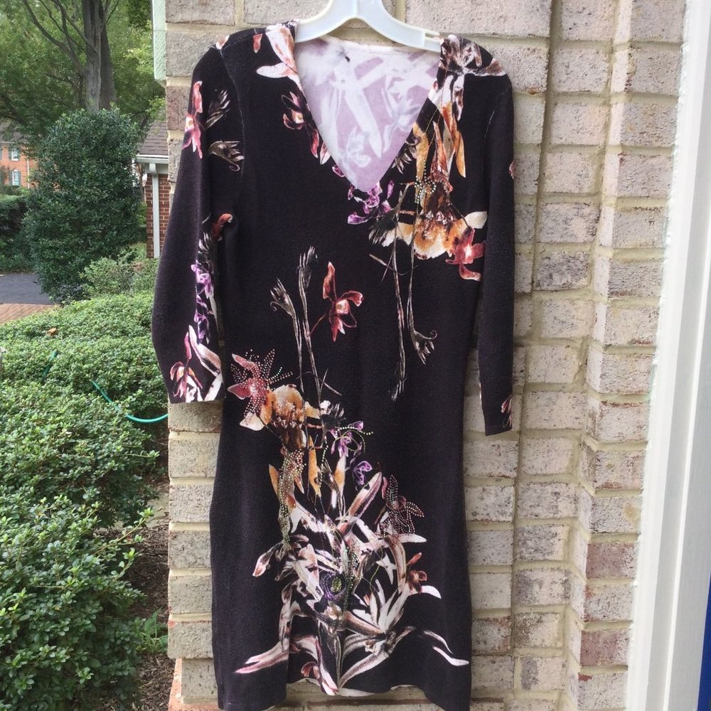 Sequins on Orange Floral Black Longsleeve Sweater Dress